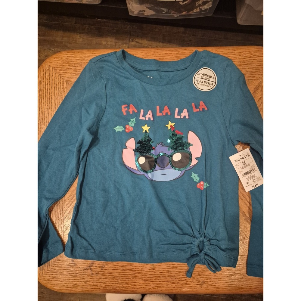 Disney Christmas Stitch La La La Kids T-Shirt Long Sleeve Sequins Size 6 NWT‎